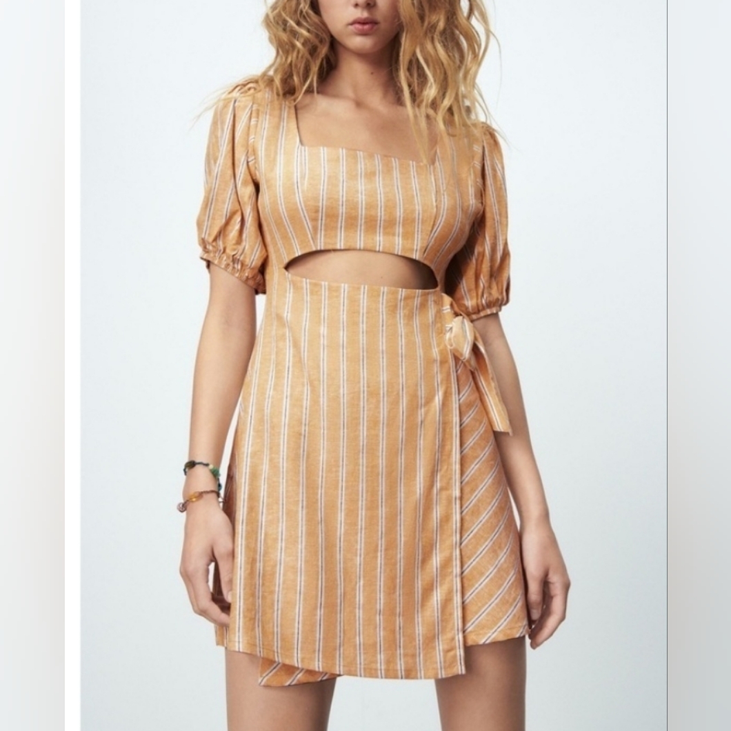 Zara Yellow Striped Linen Blend Short Puff Sleeve Cut Out Wrap Front Mini Dress